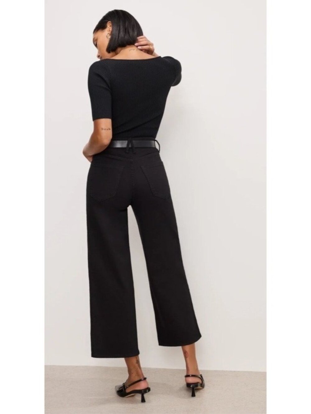 GOOD AMERICAN Good Waist Cropped Palazzo Never Fade Jeans Black Womens Size 4/27 - Picture 2 of 16